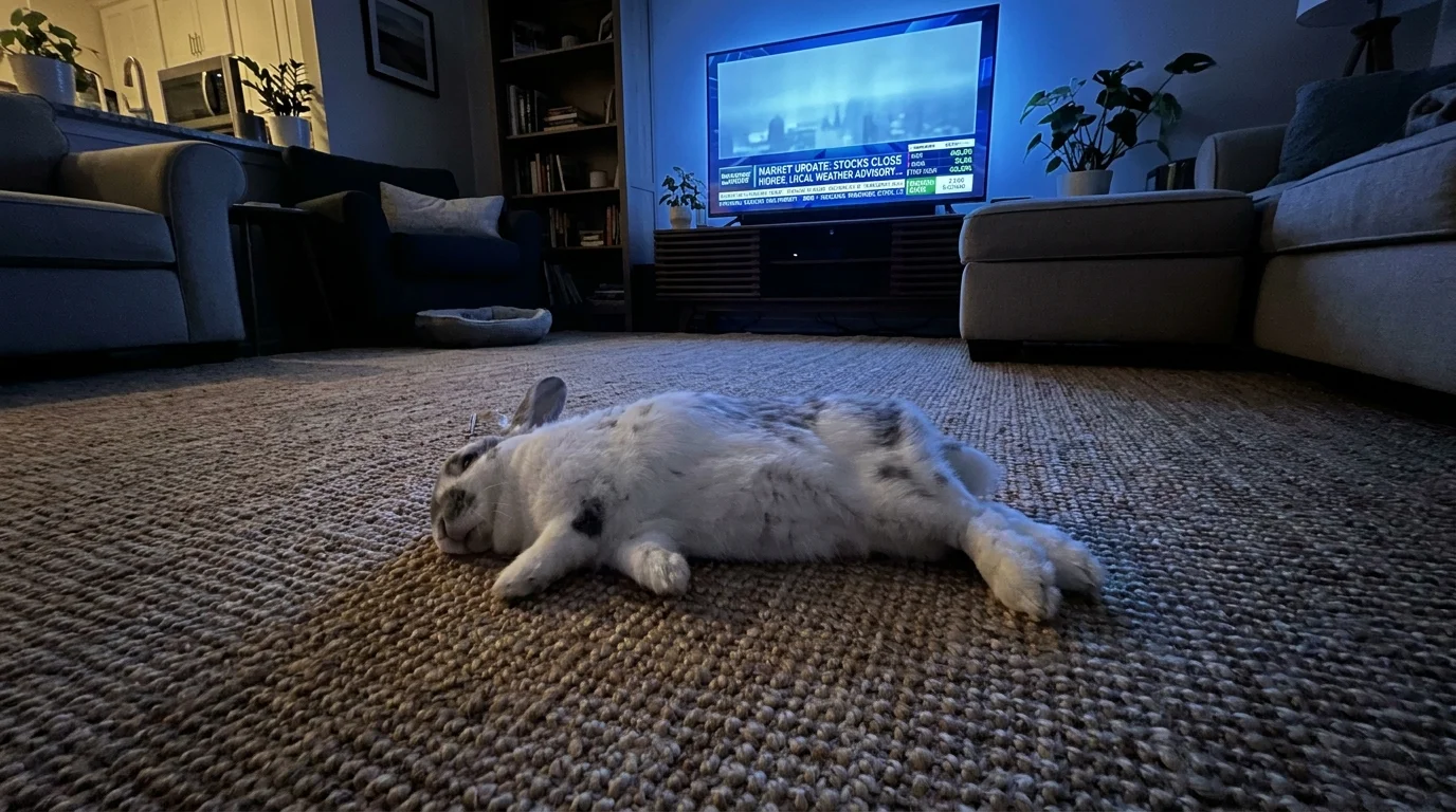 A rabbit lies relaxed on its side on a rug, with a TV glowing in the background of the room.
