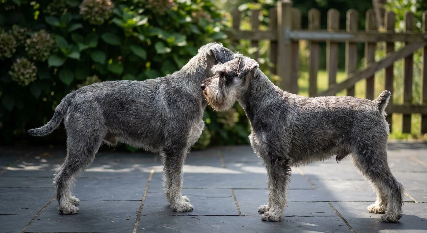 A salt-and-pepper Miniature Schnauzer standing on a patio, looking alert and loyal.