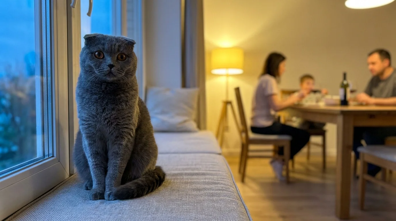 A Scottish Fold cat with folded ears sits upright on a windowsill, watching its family in the background.