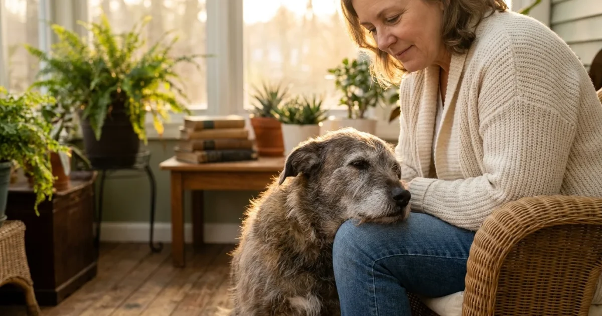 A senior dog rests its head on a woman's knee in a sun-drenched room, symbolizing a deep, secure bond.