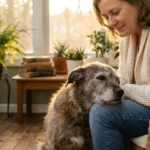 A senior dog rests its head on a woman's knee in a sun-drenched room, symbolizing a deep, secure bond.