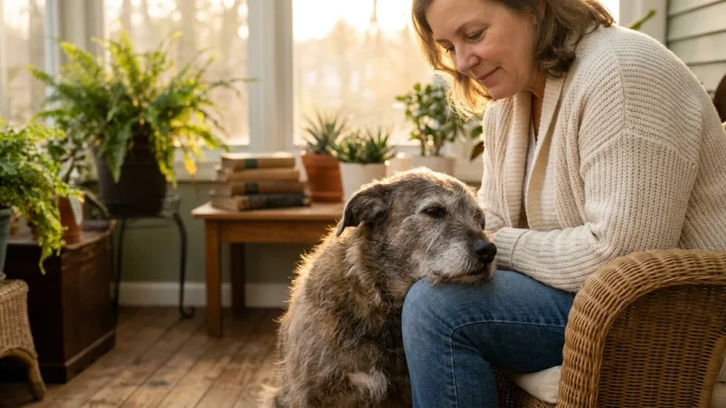 A senior dog rests its head on a woman's knee in a sun-drenched room, symbolizing a deep, secure bond.