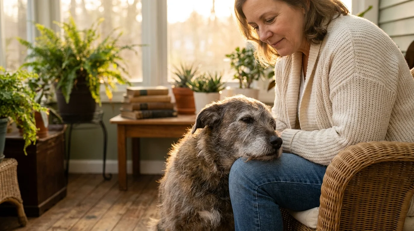 A senior dog rests its head on a woman's knee in a sun-drenched room, symbolizing a deep, secure bond.