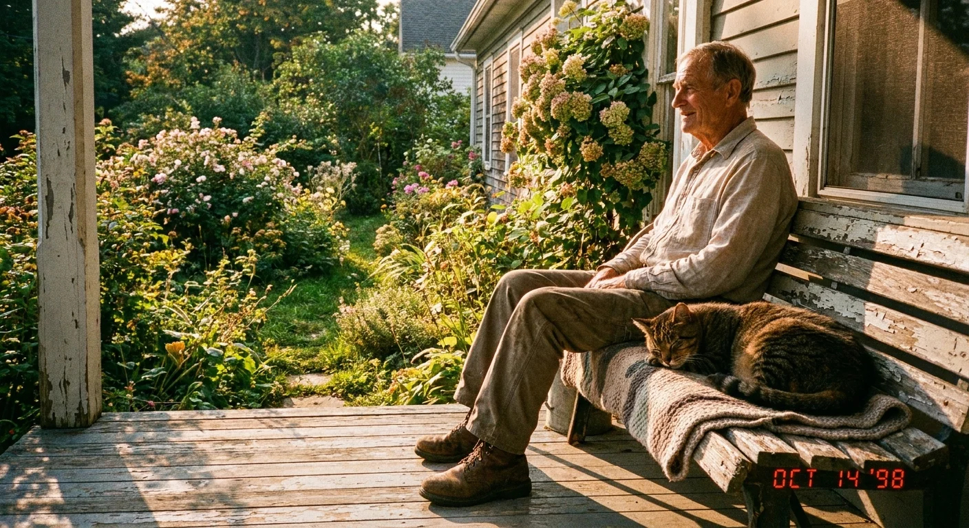 A senior man and an adult tabby cat sit together on a porch bench in the warm glow of sunset.
