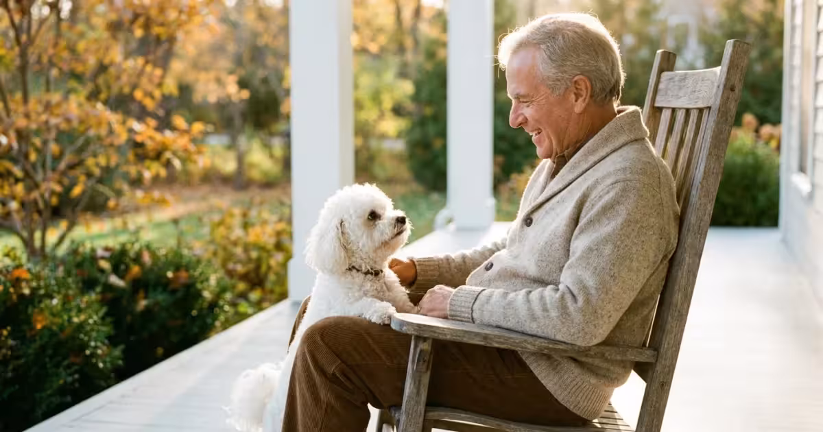 A senior man laughing with a small white dog on a sunny porch, representing the joy of low-shedding companions.