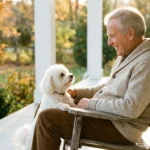A senior man laughing with a small white dog on a sunny porch, representing the joy of low-shedding companions.