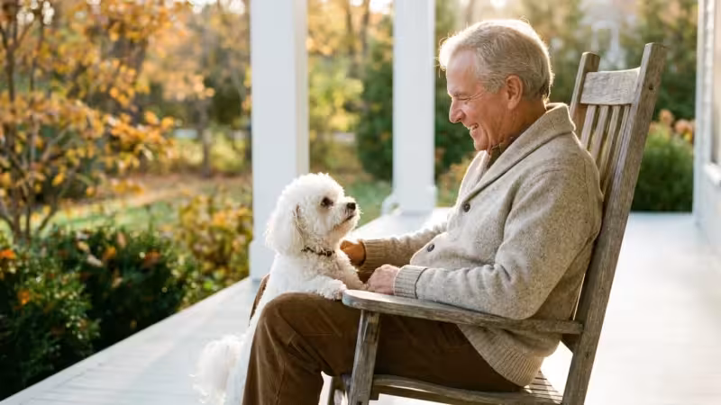 A senior man laughing with a small white dog on a sunny porch, representing the joy of low-shedding companions.