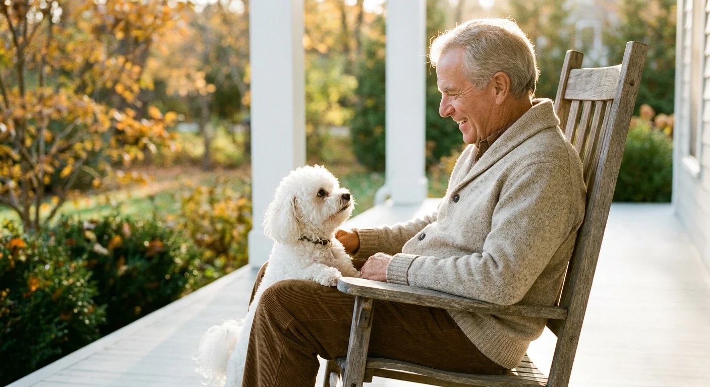 A senior man laughing with a small white dog on a sunny porch, representing the joy of low-shedding companions.