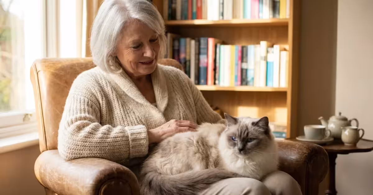 A senior woman in a knit cardigan sits in a leather chair with a fluffy Ragdoll cat on her lap in a sunlit living room.