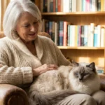 A senior woman in a knit cardigan sits in a leather chair with a fluffy Ragdoll cat on her lap in a sunlit living room.