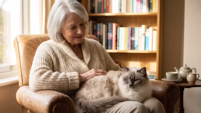 A senior woman in a knit cardigan sits in a leather chair with a fluffy Ragdoll cat on her lap in a sunlit living room.