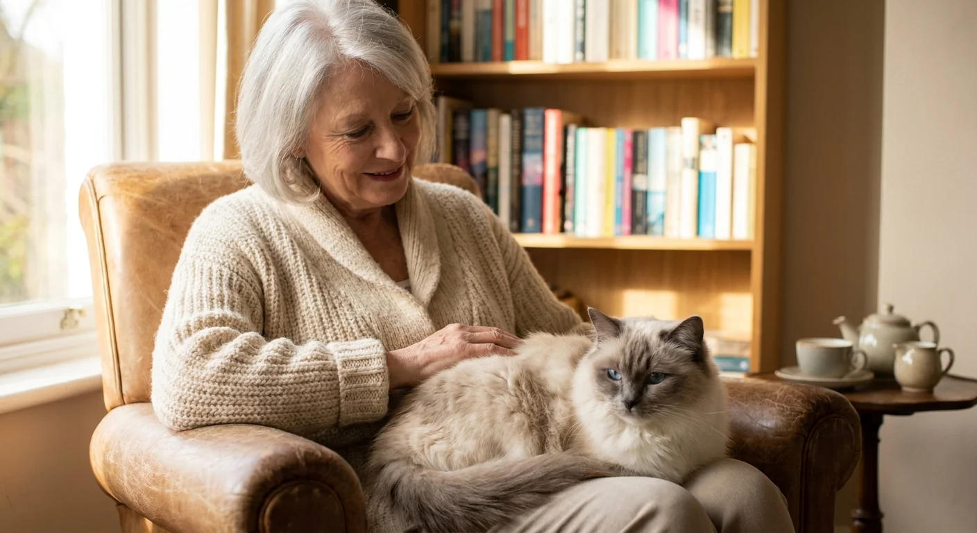 A senior woman in a knit cardigan sits in a leather chair with a fluffy Ragdoll cat on her lap in a sunlit living room.