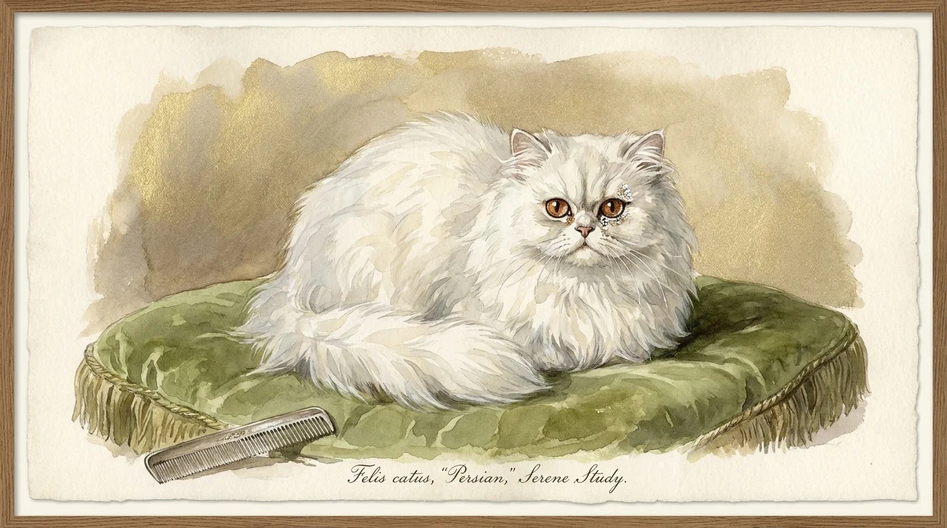 A serene watercolor painting of a long-haired white Persian cat sitting on a plush velvet cushion.
