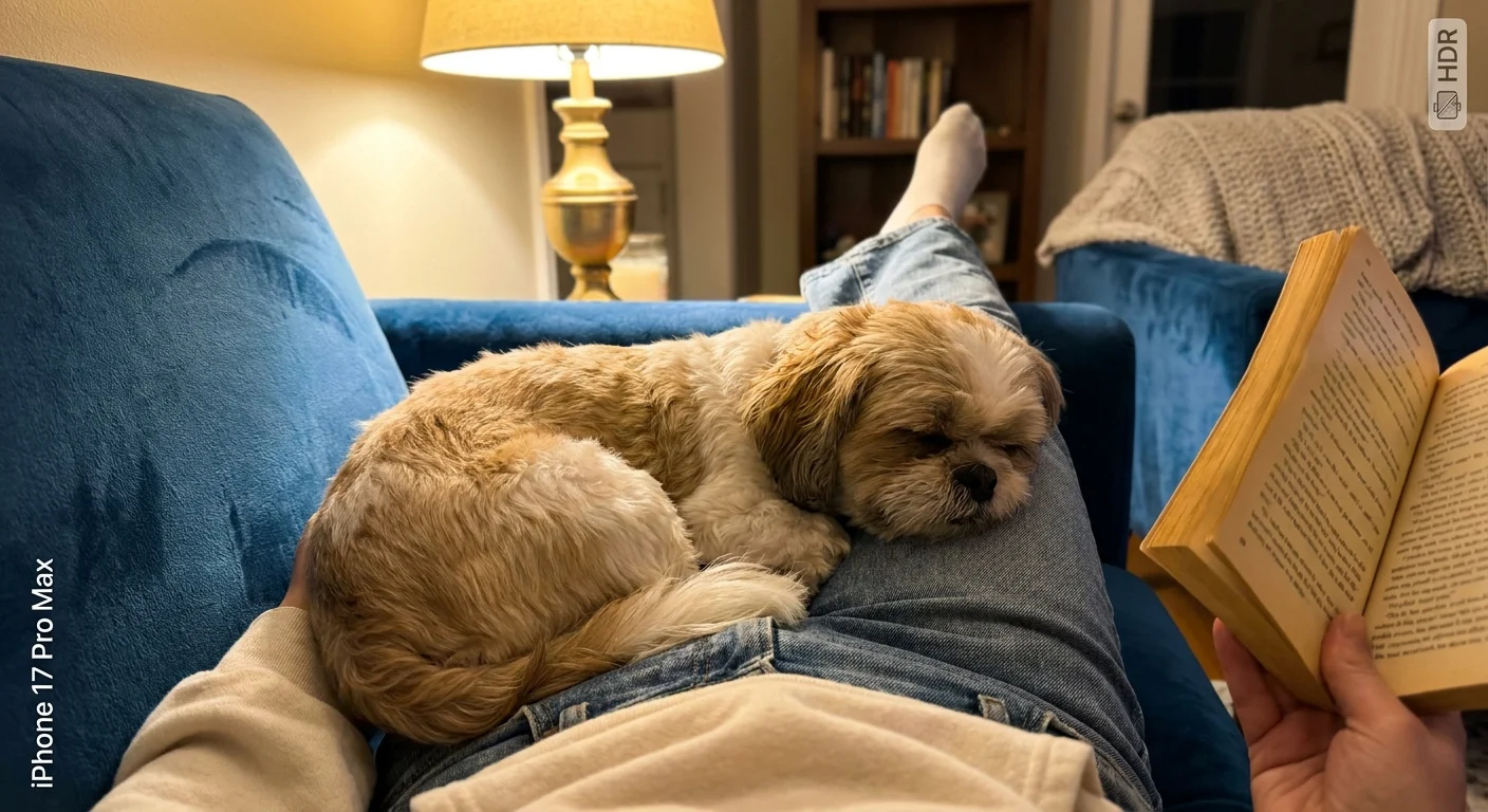 A Shih Tzu resting peacefully on a person's lap in a cozy armchair.