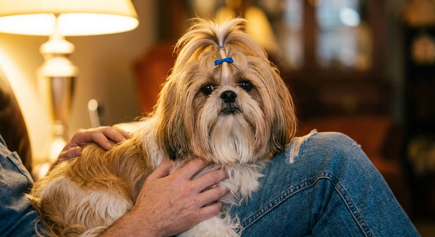 A Shih Tzu with a small blue top-knot sitting on a person's lap, looking devotedly at the camera.