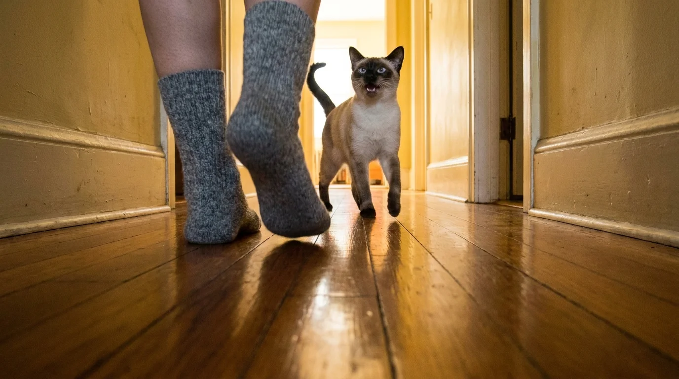 A Siamese cat follows closely at its owner's heels in a hallway, looking up and appearing to meow.