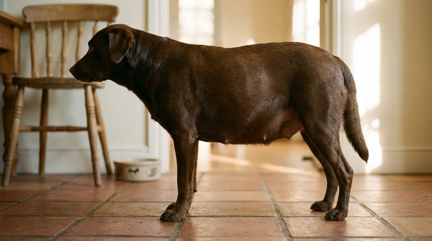 A side-profile photo of a dog in a kitchen showing a noticeably distended and bloated abdomen.