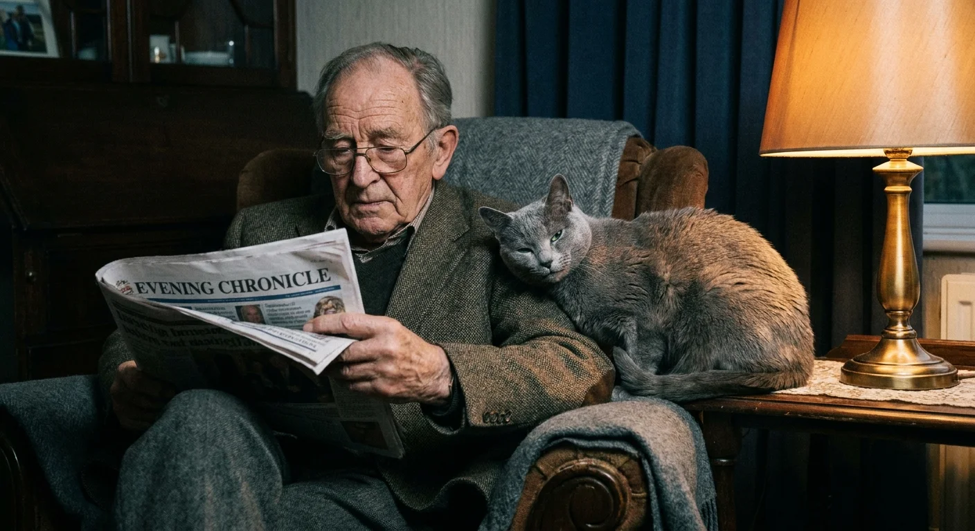 A silver-coated Russian Blue cat leans its head against a senior man's shoulder in a dimly lit, cozy room.