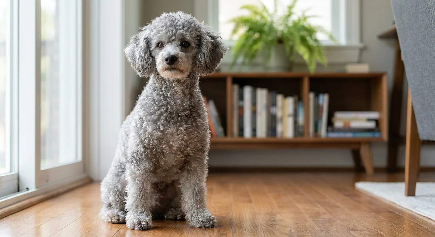 A silver-gray Toy Poodle sitting attentively on a hardwood floor, showing its intelligent expression.