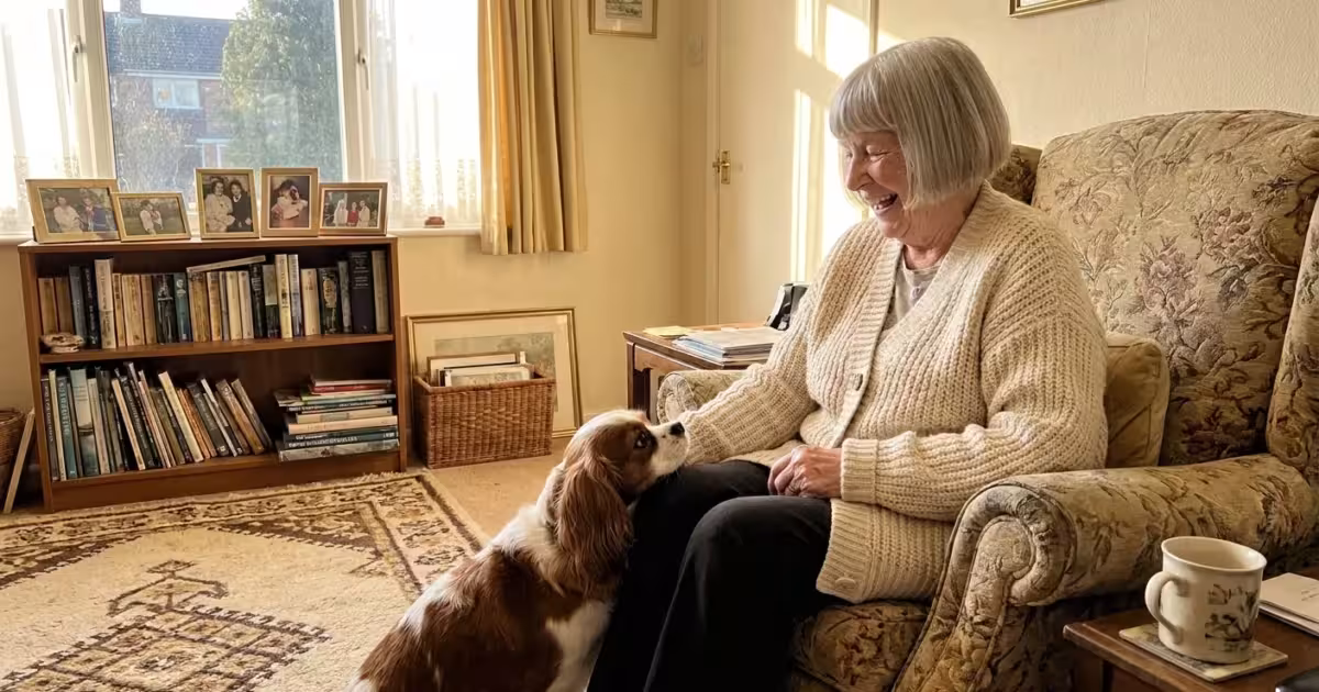 A silver-haired woman laughing with a Cavalier King Charles Spaniel in a sunlit, cozy living room.