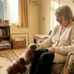 A silver-haired woman laughing with a Cavalier King Charles Spaniel in a sunlit, cozy living room.
