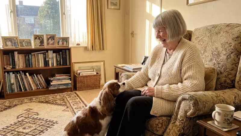 A silver-haired woman laughing with a Cavalier King Charles Spaniel in a sunlit, cozy living room.