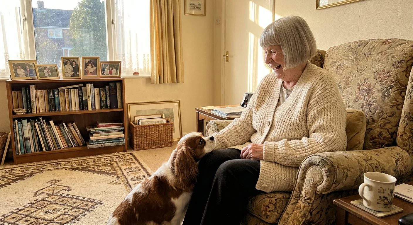 A silver-haired woman laughing with a Cavalier King Charles Spaniel in a sunlit, cozy living room.