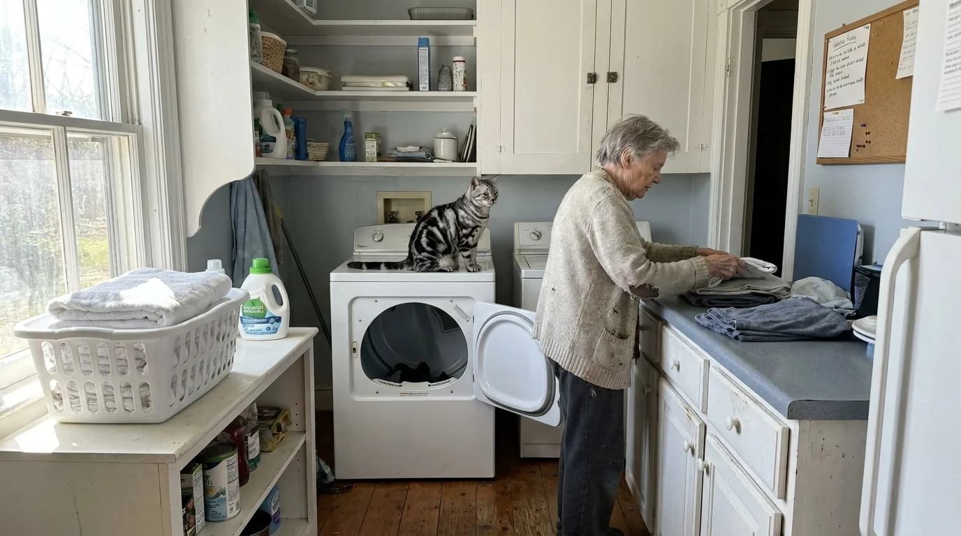 A silver tabby American Shorthair cat sits on a laundry dryer in a bright, practical home setting.