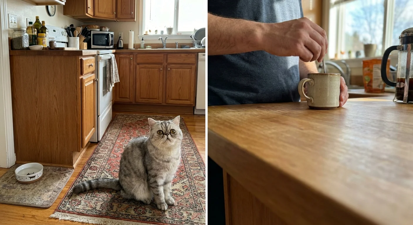 A silver-tabby Exotic Shorthair cat sits on a kitchen rug, looking up at its owner during a morning routine.