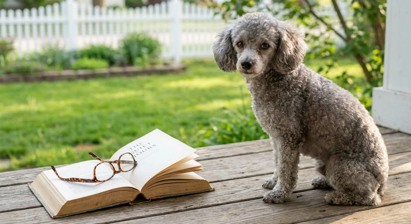 A silver Toy Poodle sitting on a wooden porch next to an open book and glasses.