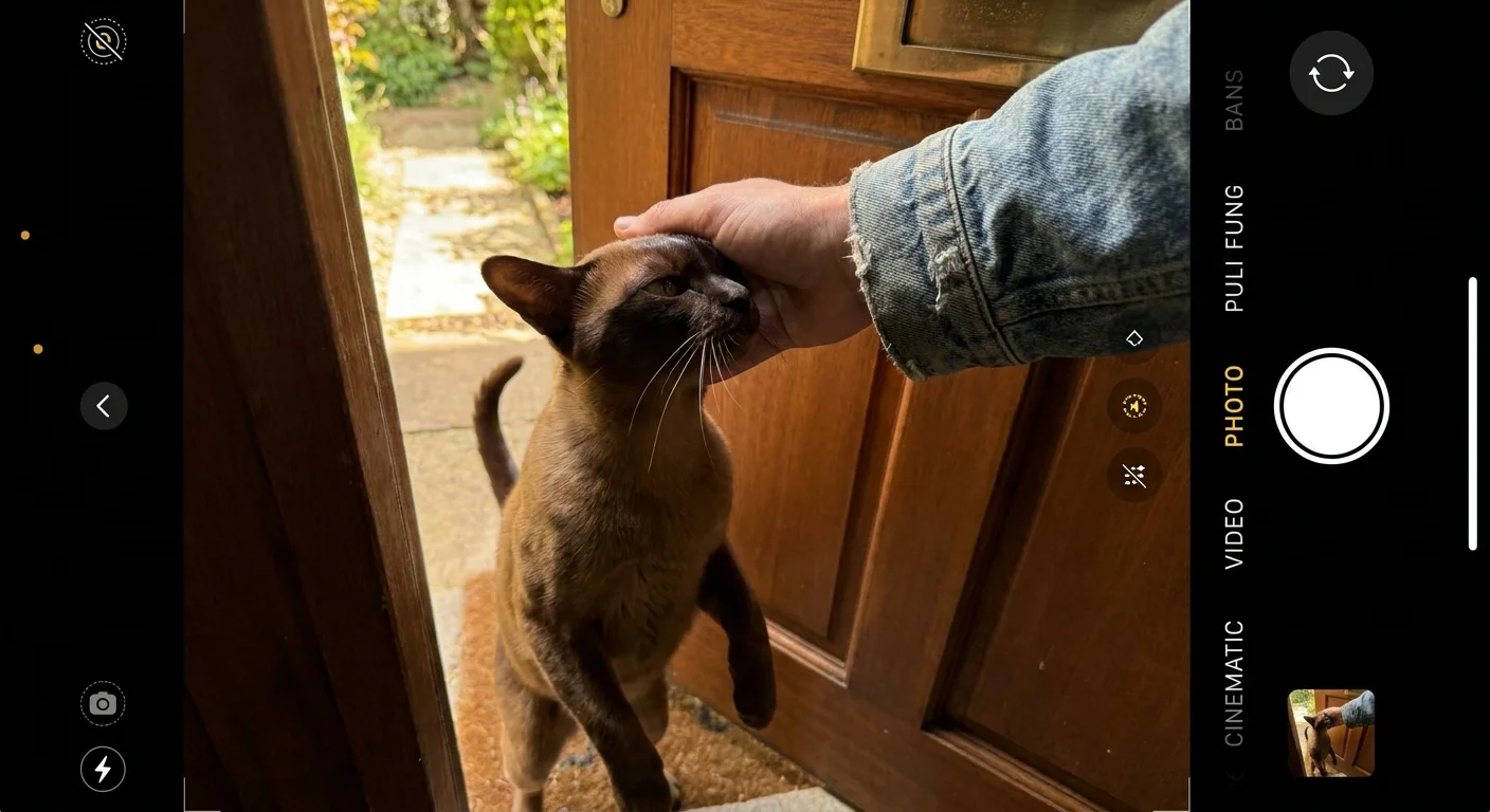 A sleek, brown Burmese cat stands on its hind legs to greet a visitor at the front door.
