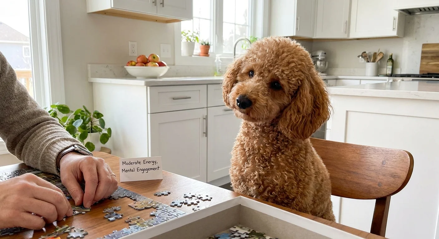A small apricot Toy Poodle sits on a kitchen chair, watching its owner at the table.