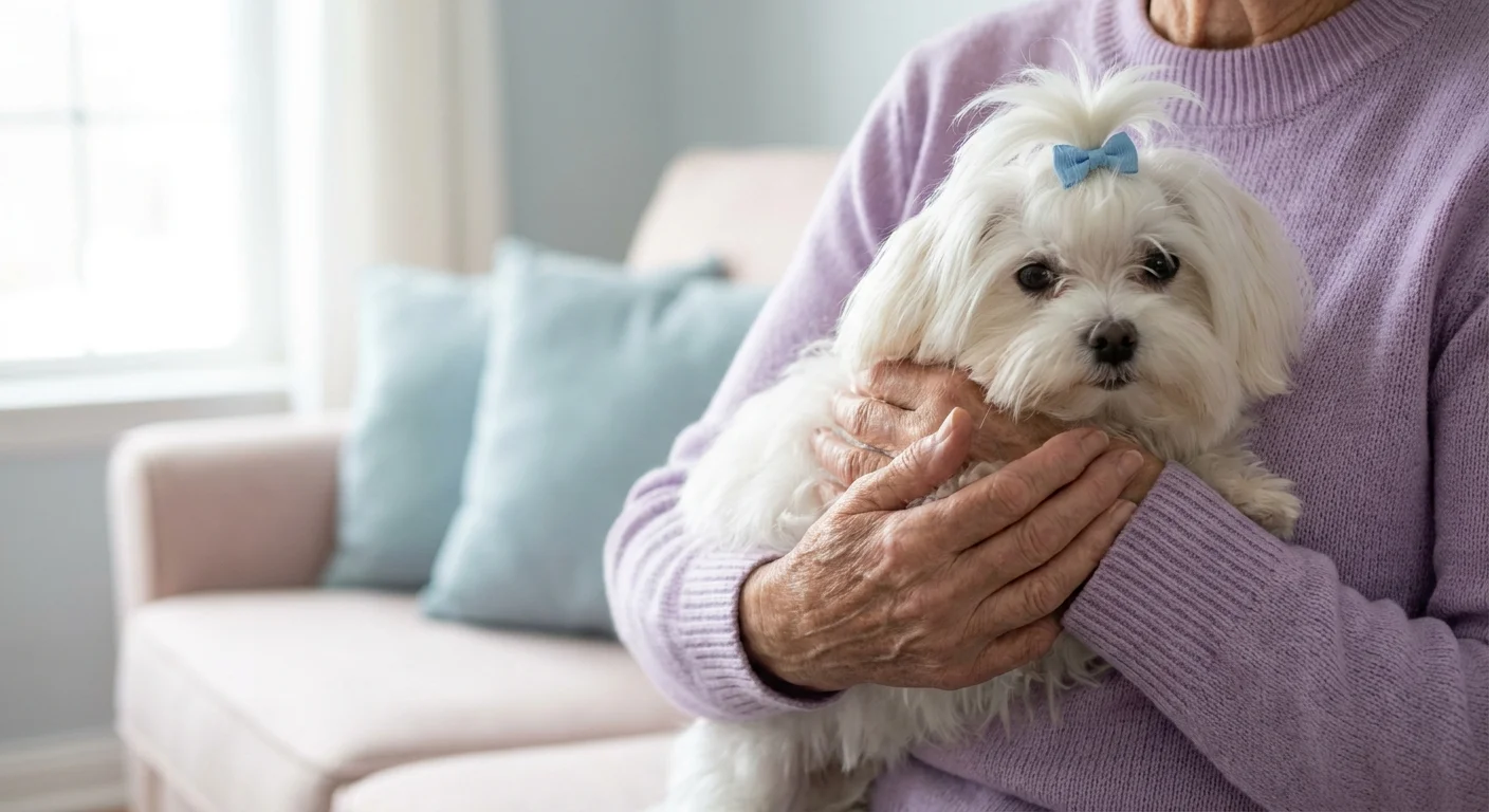 A small white Maltese being held in a senior's hands, emphasizing its portable size.