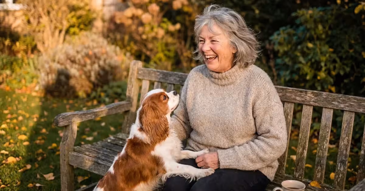 A smiling senior woman sits on a garden bench with a Cavalier King Charles Spaniel resting its paws on her lap in the autumn sun.