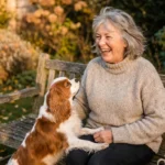 A smiling senior woman sits on a garden bench with a Cavalier King Charles Spaniel resting its paws on her lap in the autumn sun.