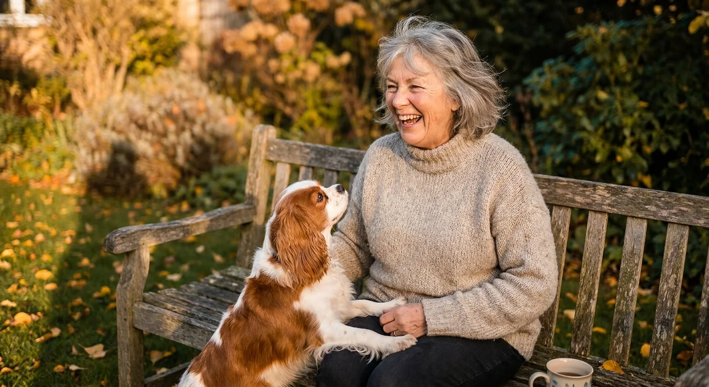 A smiling senior woman sits on a garden bench with a Cavalier King Charles Spaniel resting its paws on her lap in the autumn sun.