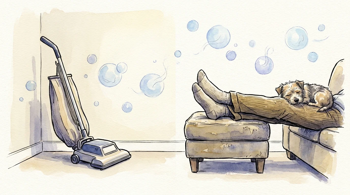 A soft watercolor illustration showing a clean, fur-free home environment where a senior and their dog rest peacefully.