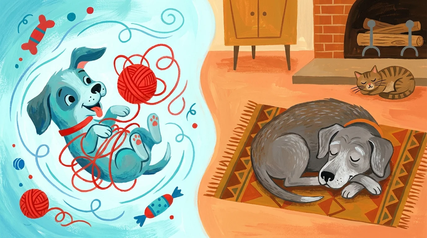 A split illustration comparing a playful puppy with a calm, sleeping senior dog.