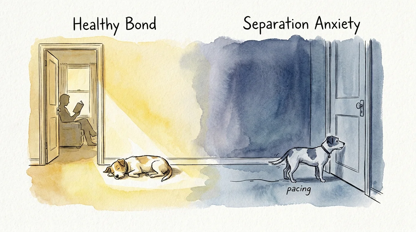 A split illustration comparing a relaxed pet at home with an anxious pet waiting at a closed door.