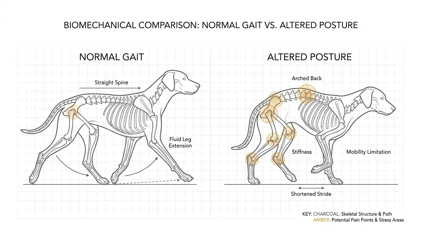A technical diagram comparing a healthy dog's posture with one showing an arched back and stiff mobility.