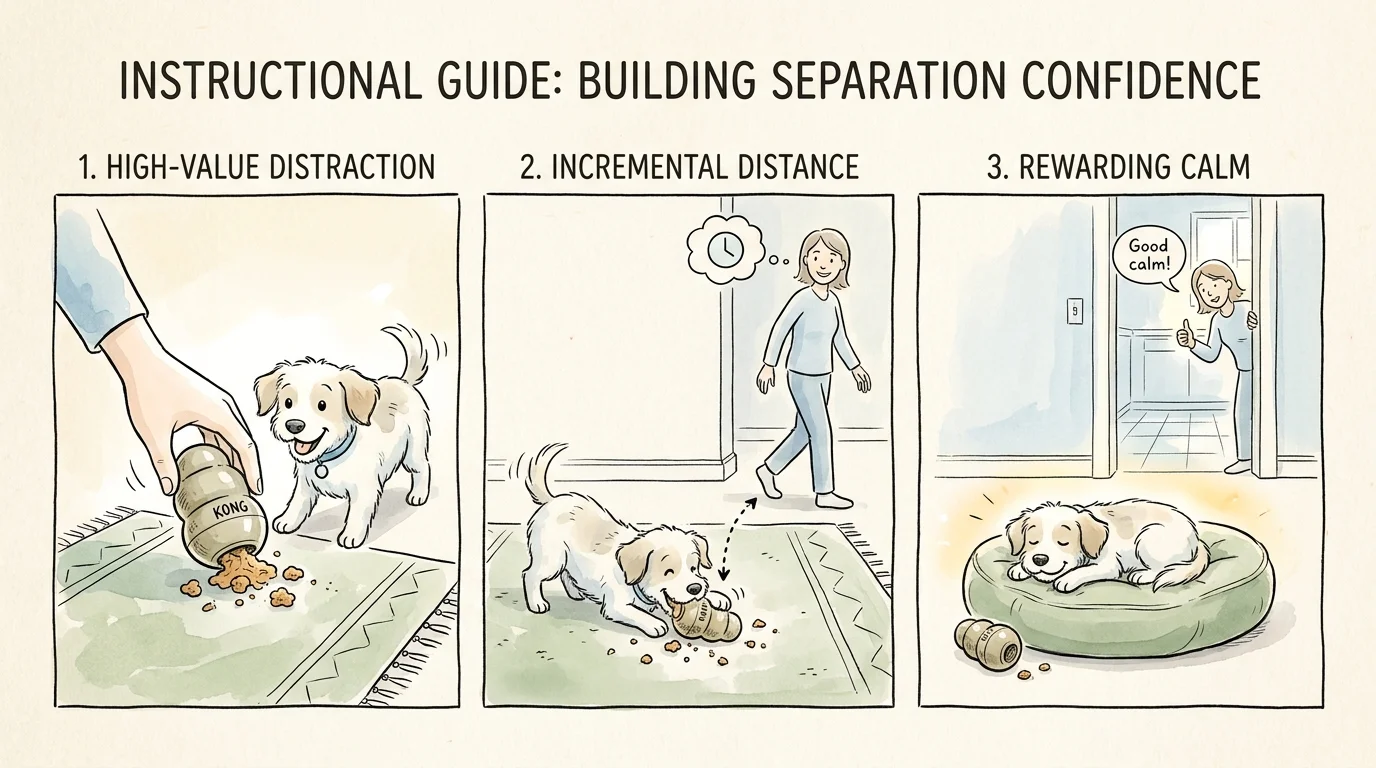 A three-panel illustration showing steps to train a pet to stay calm and independent using treats and distance.