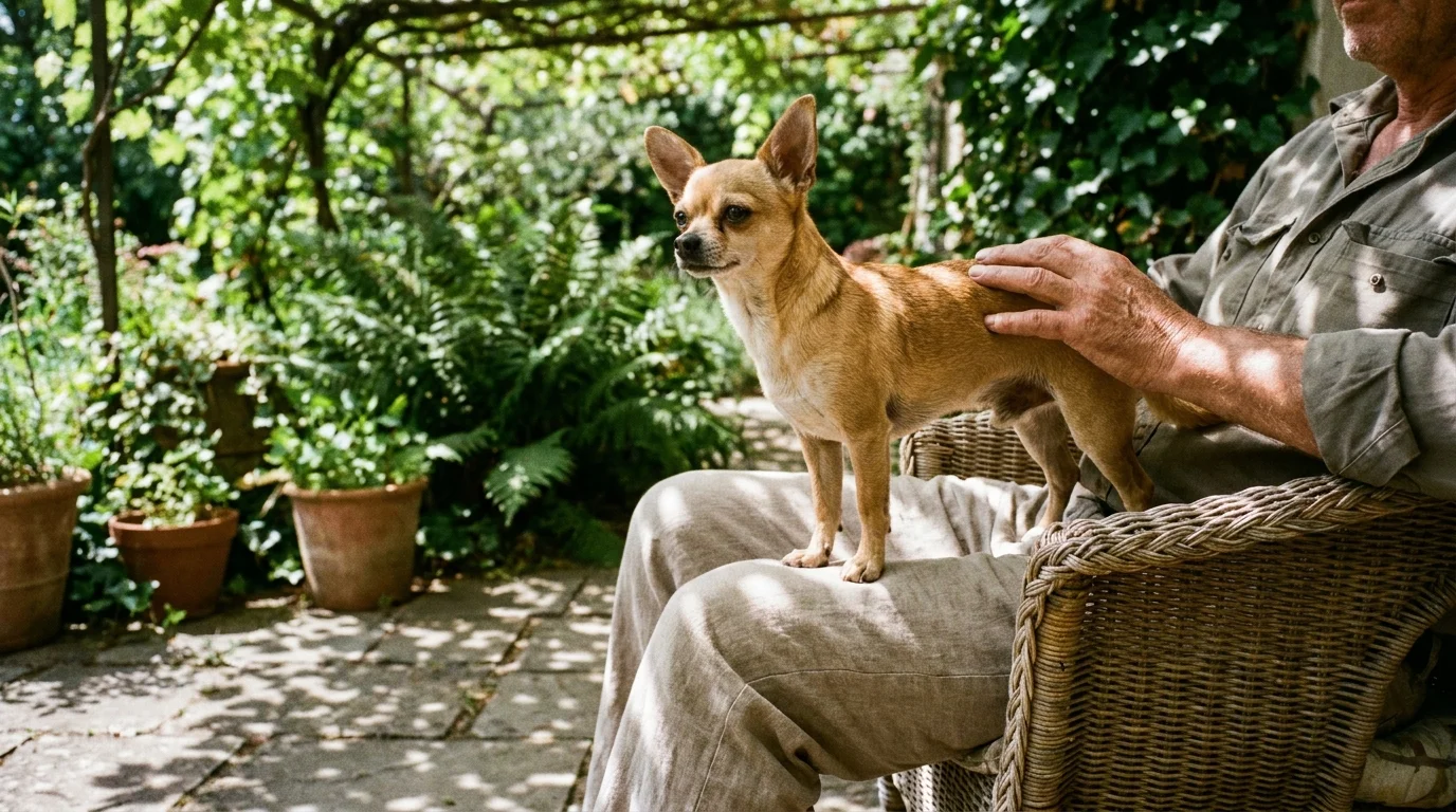 A tiny Chihuahua stands alert on its owner's lap while they sit together on a garden patio.