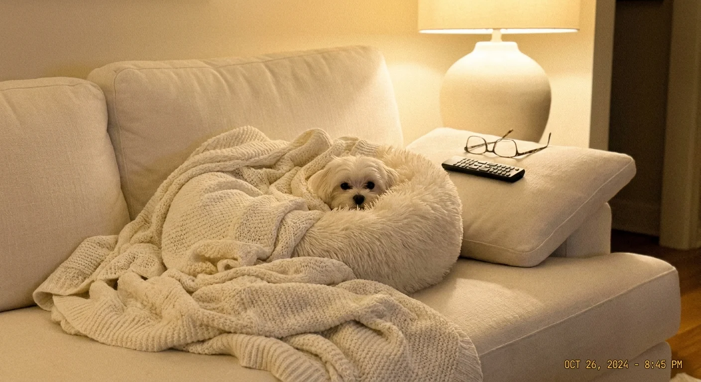 A tiny white Maltese dog is curled up in a small bed on a sofa next to a remote control.