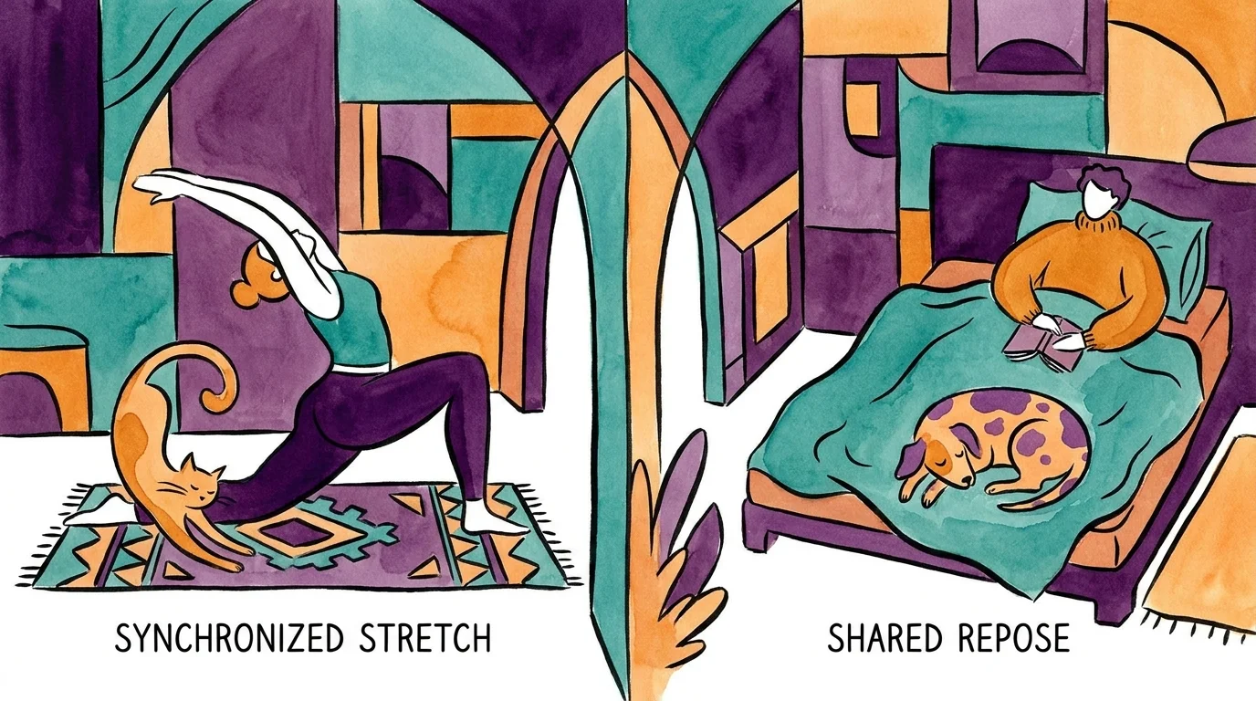 A two-panel illustration showing a cat and dog mirroring the quiet, relaxed activities of their owners.
