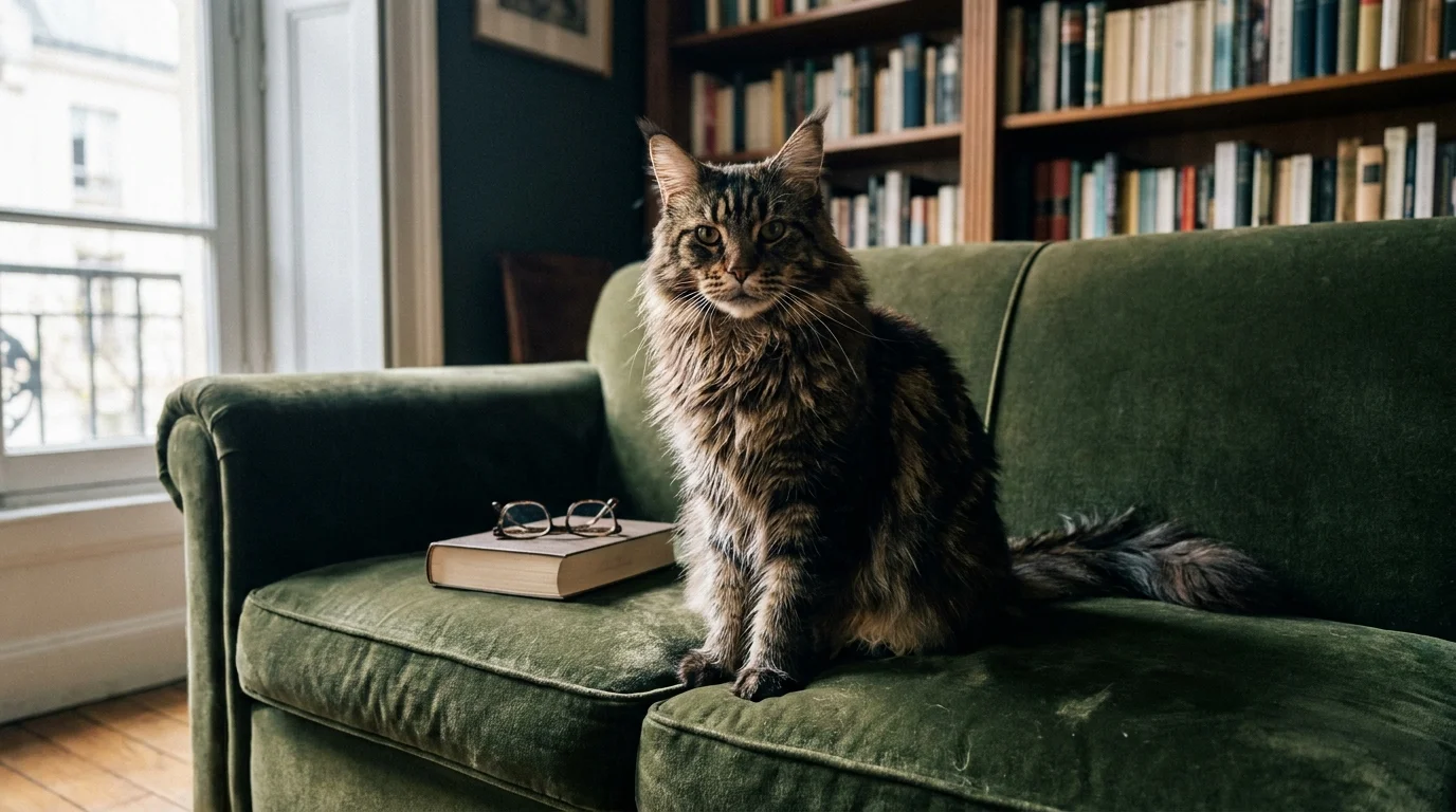 A very large Maine Coon cat with shaggy fur and tufted ears sits on a green velvet sofa next to a book for scale.