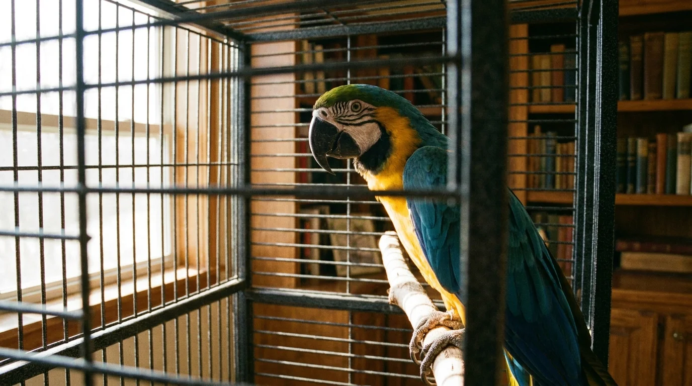 A vibrant Macaw in a large, expensive steel enclosure, emphasizing the long-term equipment costs of exotic birds.