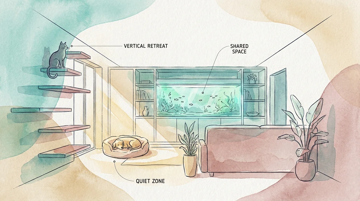 A watercolor diagram showing a living room organized into different zones for cats, dogs, and fish to live harmoniously.