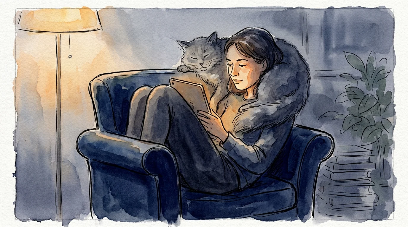 A watercolor illustration of a person relaxing in an armchair with a grey cat draped over their shoulders.