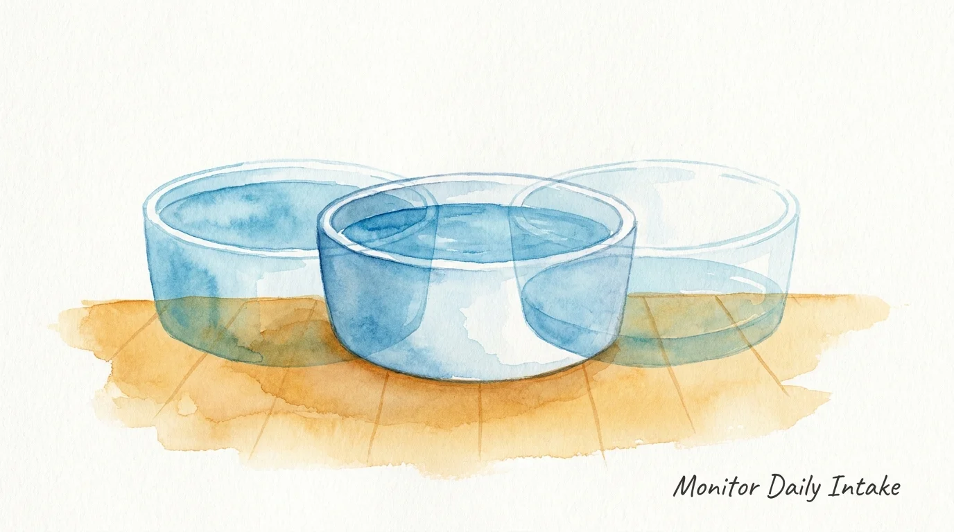 A watercolor illustration of a water bowl with overlapping layers suggesting frequent refilling and increased thirst.
