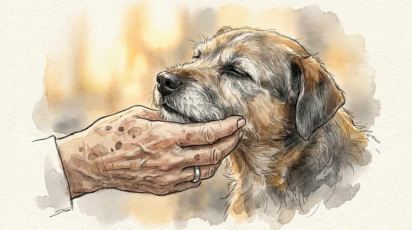 A watercolor illustration of an elderly person's hand gently petting a senior dog with a grey muzzle.